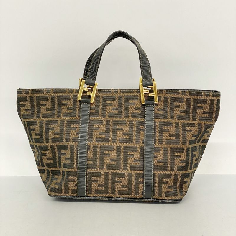 Fendi Handbag Zucca Nylon Canvas Brown Gold Hardware Ladies