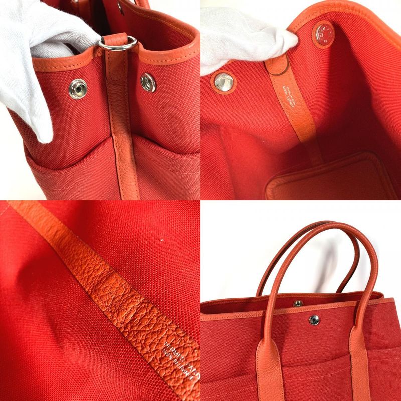 Hermes Handbag Garden Party Pocket 36 PM Toile Military Rouge Tomato X Capucines