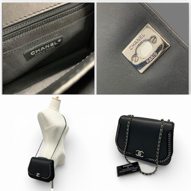 Chanel Bag Shoulder Leather Black Silver Turnlock Chain