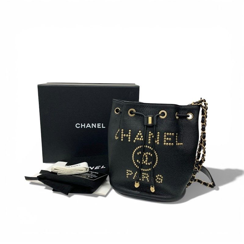 Chanel Bag Shoulder Caviar Leather Black Gold Deauville Logo Studs
