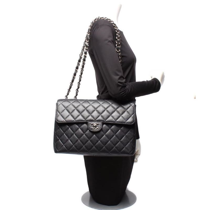 Chanel Shoulder Bag Single Flap Double Chain Silver Hardware Caviar Skin Big