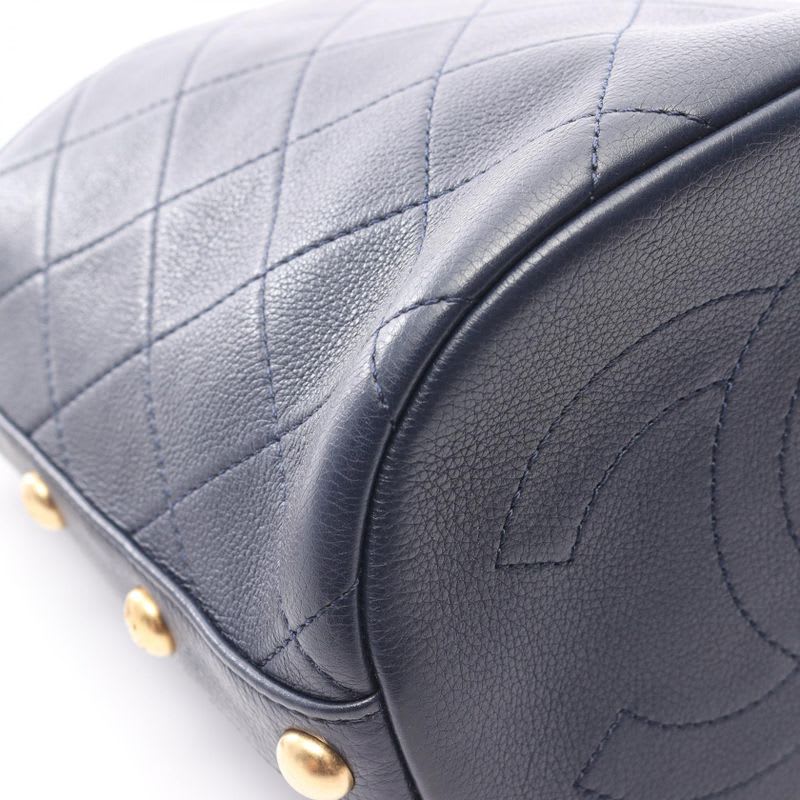 Chanel Shoulder Bag Quilted Small Bucket Navy Leather Fabric