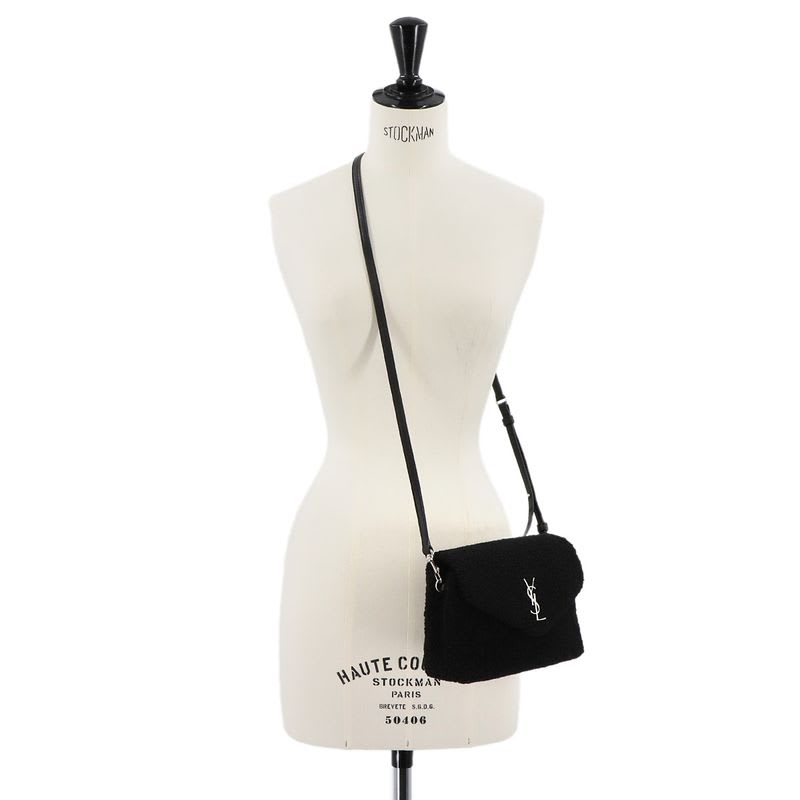 Saint Laurent Shoulder Bag Shearling Leather Black Silver Hardware