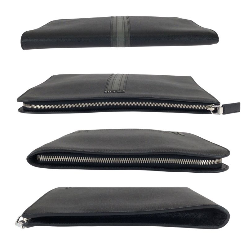 Prada Saffiano L-Shaped Zipper Black Gray Silver Hardware Leather Clutch Bag