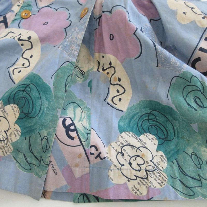 Chanel Vintage 90's Camellia Shirt Dress Logo Coco Mark Gold Button Short