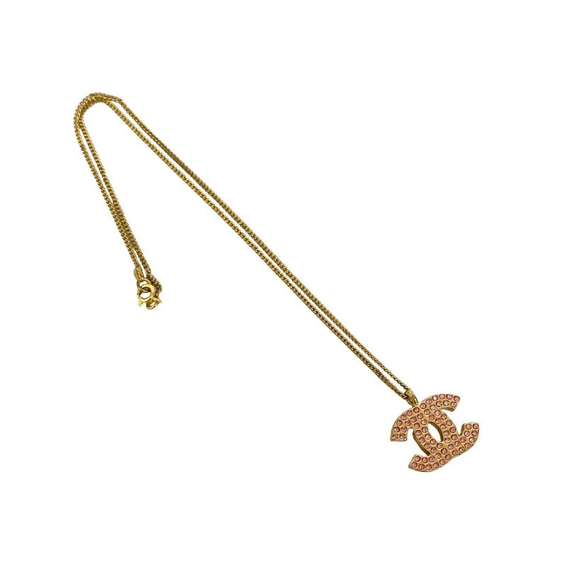 Chanel Coco Mark Motif GP Rhinestone Chain Necklace Pendant 02P