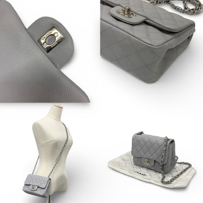 Chanel Bag Shoulder Bag Gray Silver Mini Matelasse Coco Mark Caviar Skin Single