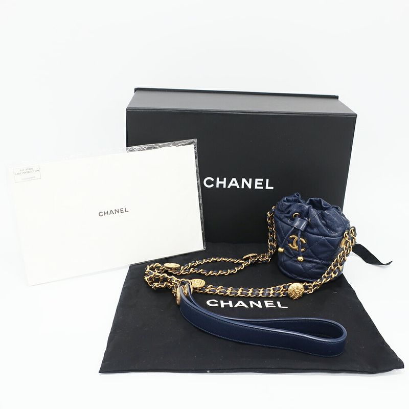 Chanel Shoulder Bag Mini Drawstring Navy Gold Hardware Caviar Skin