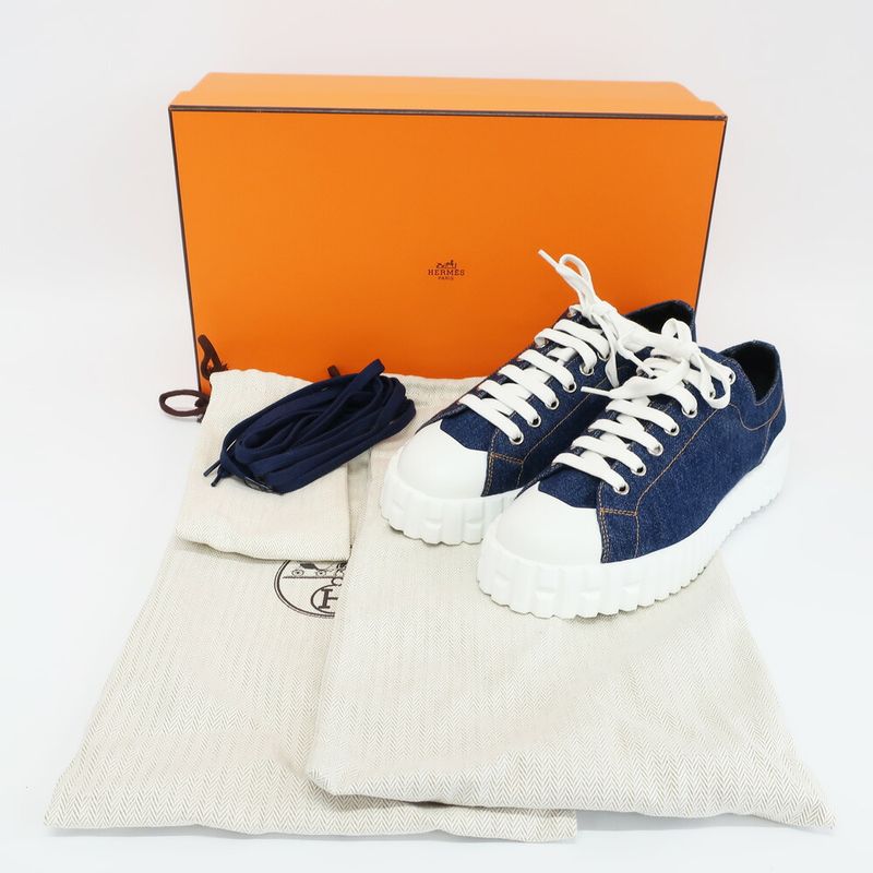 Hermes Cross Sneakers Denim Sneakers Blue White Notation Size 36.5
