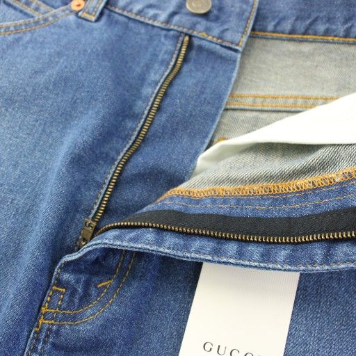 GUCCI Flower Embroidery Denim Skirt Trapezoid Mini 38 Blue 456973 KH