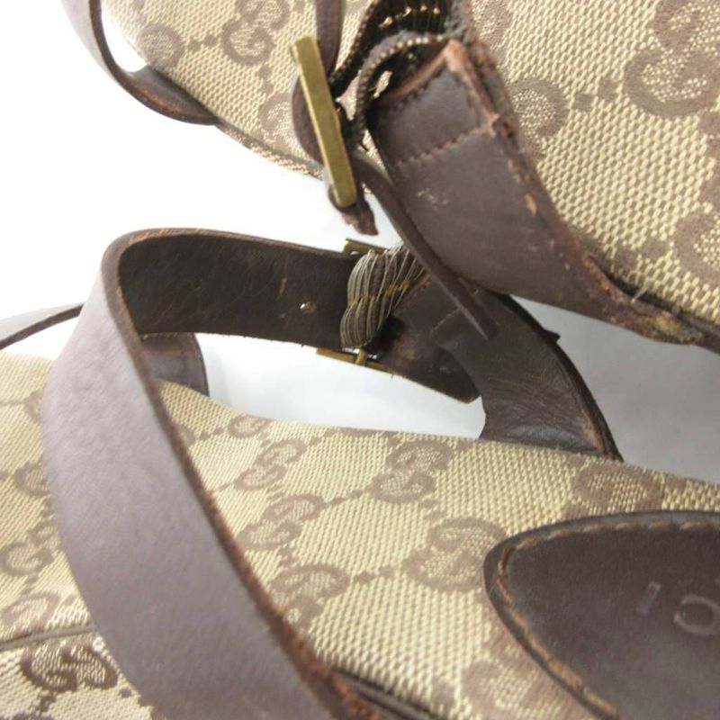 GUCCI Sandals GG Canvas 36 Leather Brown Platform Thick Sole FF • GY18