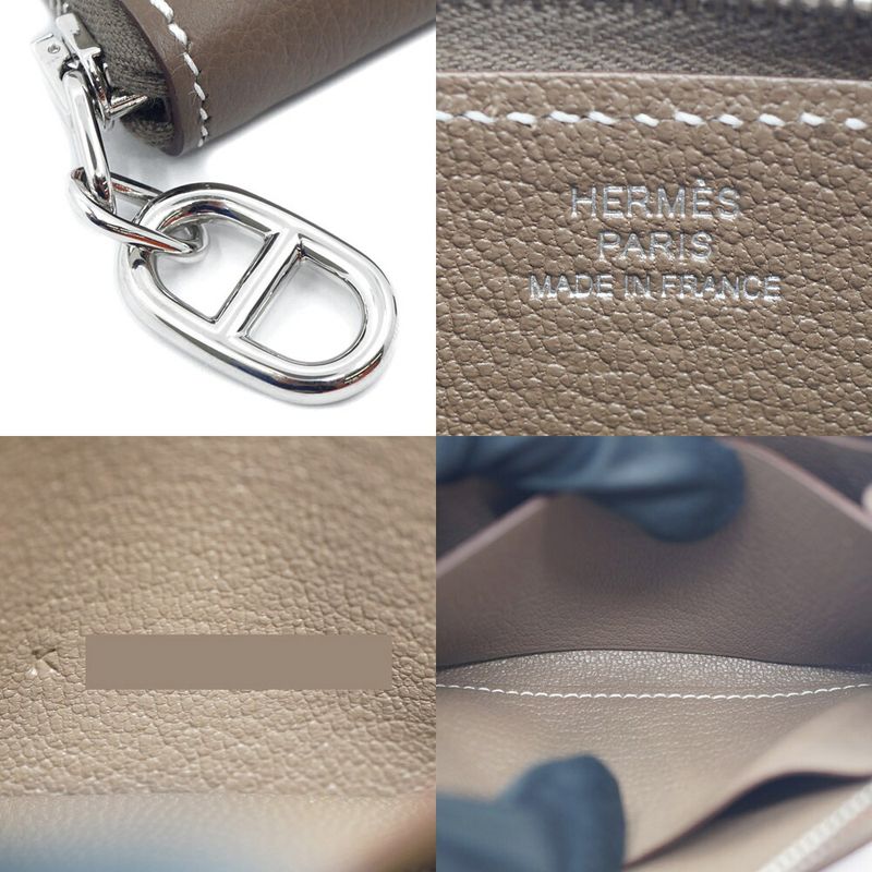 Hermes Zip Azap Compact Wallet Coin Purse Leather Etoupe Gray Silver