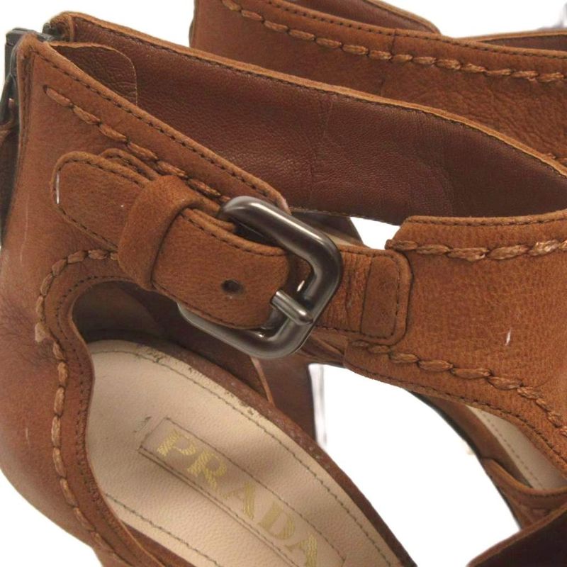 Prada Open Heel Sandals Leather Brown 37 Approx