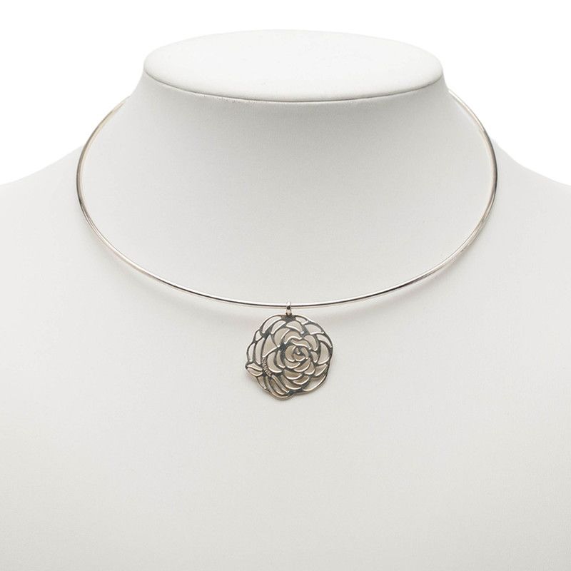 Chanel Camellia Necklace Choker Silver Metal