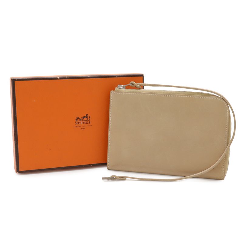Hermes Remix Card Case L-shape Zipper Strap Leather Beige Silver