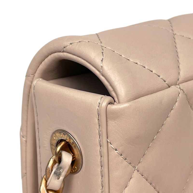 Chanel CC Logo Chain Shoulder Bag Quilted Leather Beige