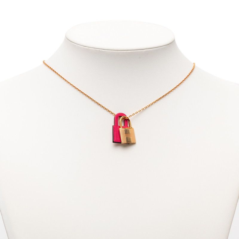 Hermes Kelly PM Pendant Necklace Gold Pink Plated Veau Swift