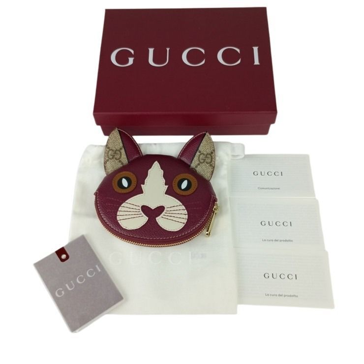 Gucci Coin Case GG Supreme Cat Shape Bold Beige Leather Gold