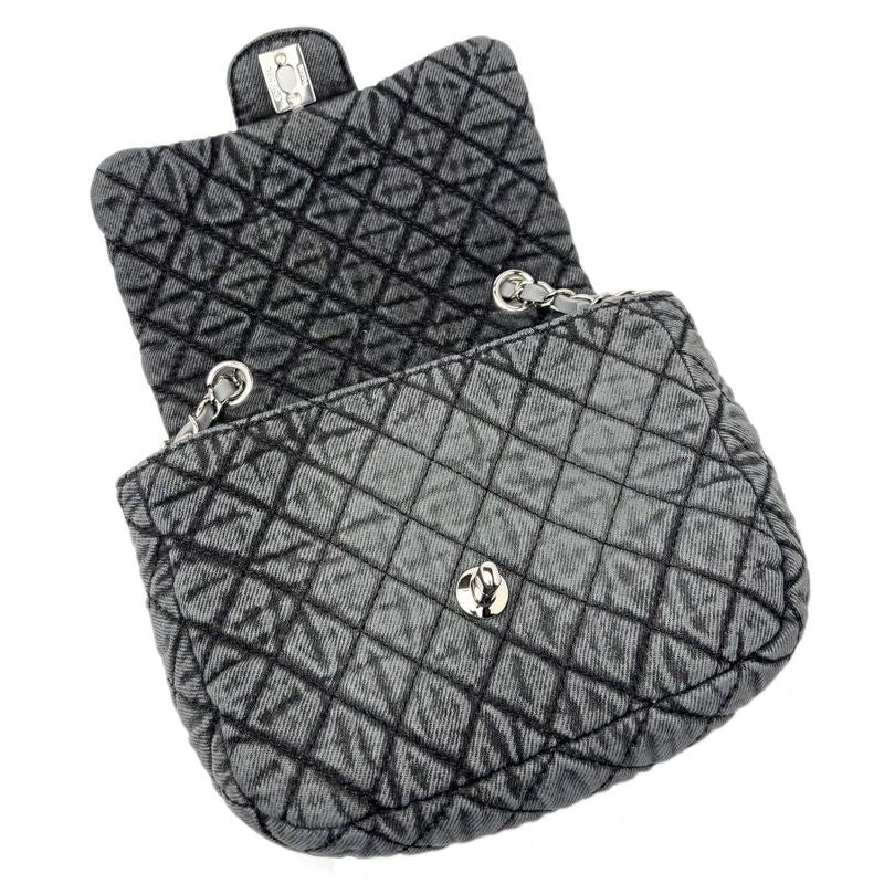 Chanel Bag Quilted Chain Shoulder Washed Denim Black Gray Silver