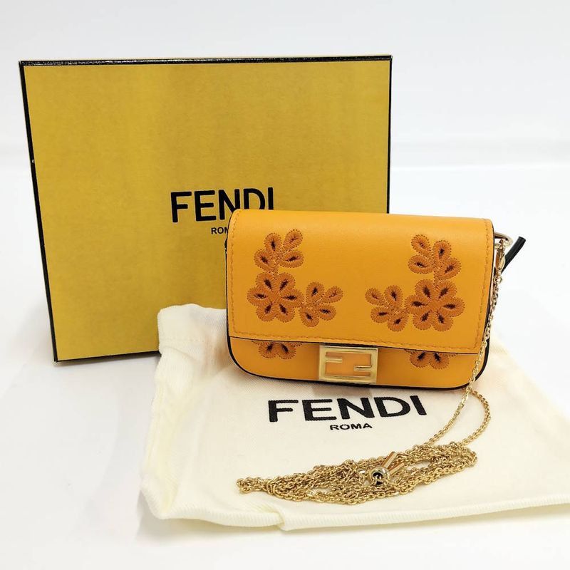 Fendi Chain Shoulder Bag Nano Baguette Charm Leather Orange