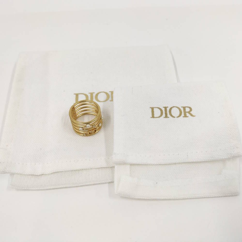 Dior Christian Ring CD Logo Rhinestone Faux Pearl Gold Plated M