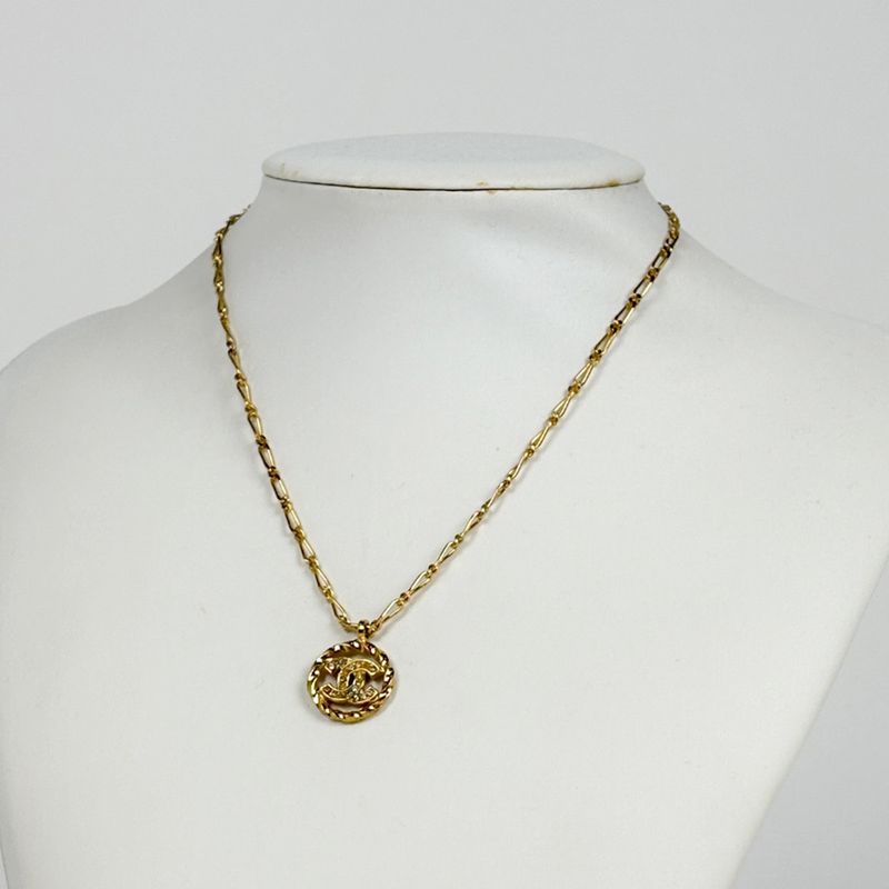 Chanel CC Logo Rhinestone Necklace Round Gold Plated