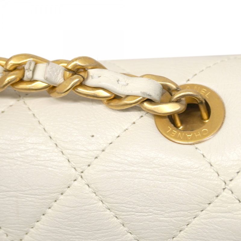 Chanel Shoulder Bag Quilted Leather White Gold