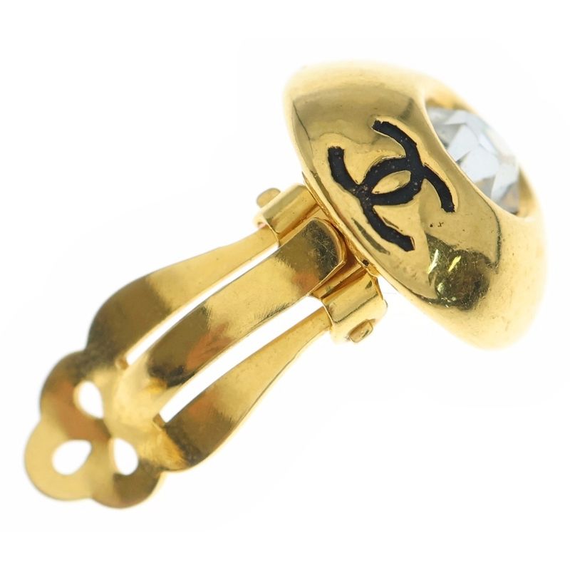 Chanel CC Logo Rhinestone Round Earrings Gold