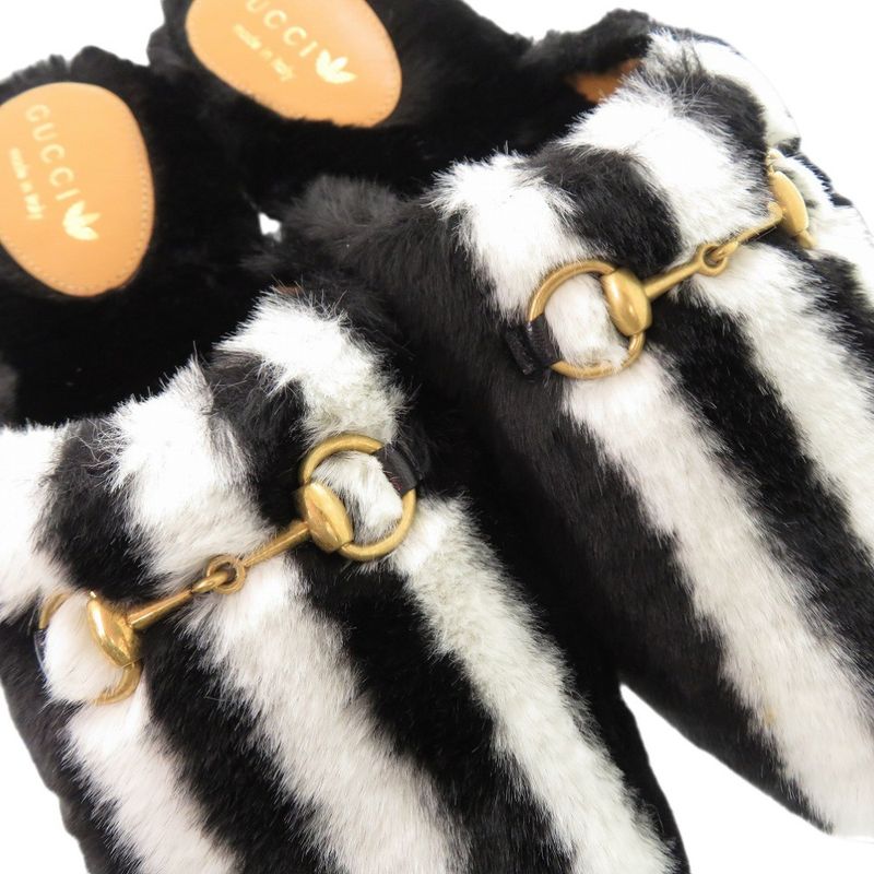 Gucci Adidas Horsebit Fur Slippers Flat Shoes Fur Black
