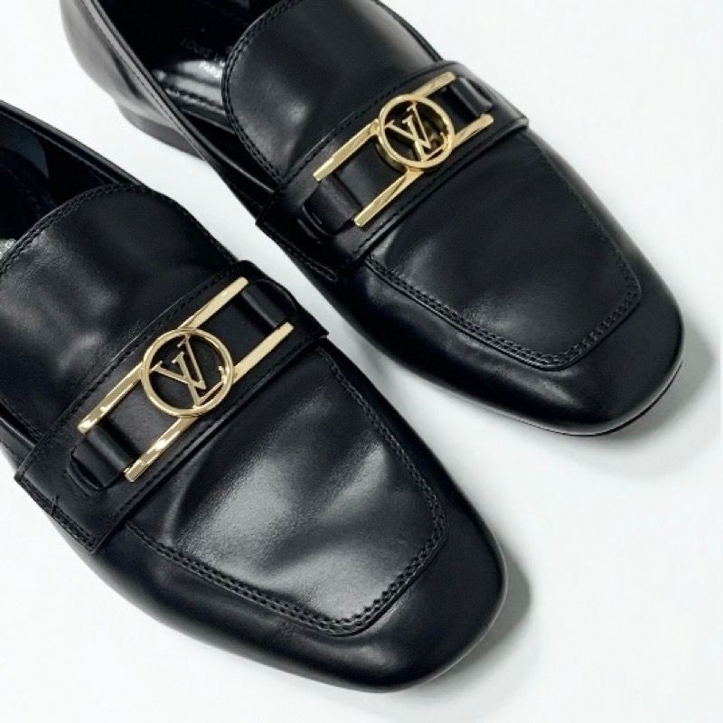 Louis Vuitton Upper Case Line Lofa Leather Shoes Leather Black Gold LV Logo