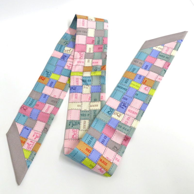 Hermes Twilly Bolduc Check Silk Gray Multicolor Pastel