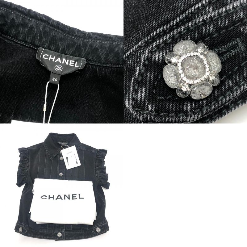 Chanel Jacket Bijuu Gripoix Button Washed Denim Ruffle Black