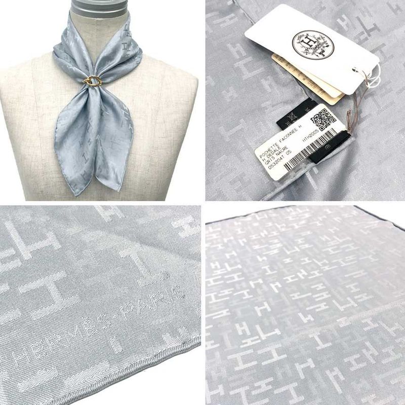 Hermes Silk Pocket Chief Scarf Pochette Faconnee Dedale Gris Nacre Silver