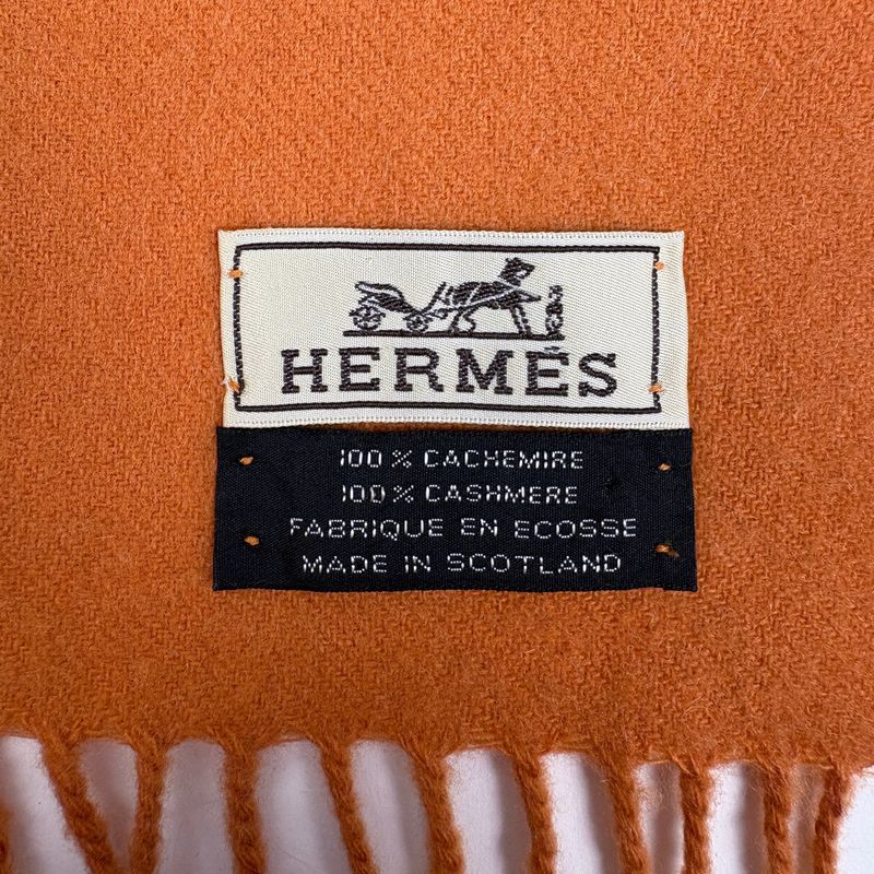 Hermes Logo Scarf Fringe Cashmere Orange