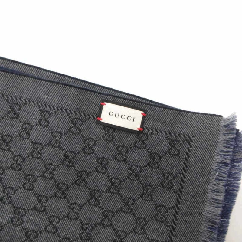 Gucci Scarf Shawl GG Pattern Fringe Bicolor Navy Gray
