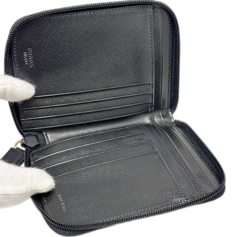 Prada Wallet Bifold Tessuto Nylon Leather Black Gold Zip Around