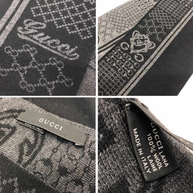 Gucci Wool Scarf Black Gray GG Bit Pattern