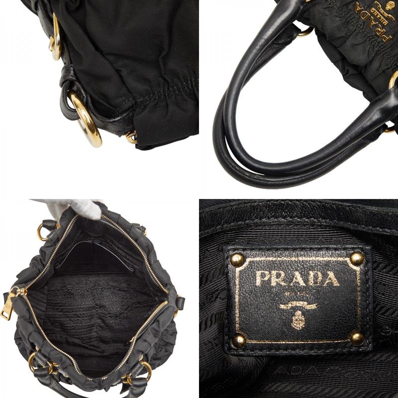 Prada Gather Logo Tote Shoulder Bag 2-Way Black Nylon Leather