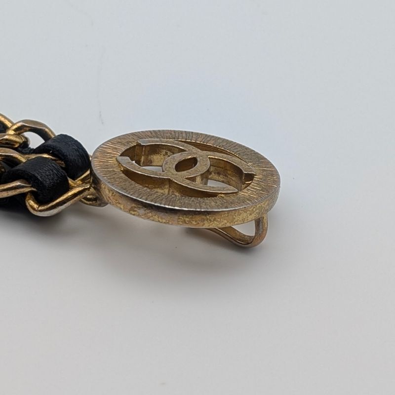 Chanel Leather Chain Belt CC Logo Round Gold Black