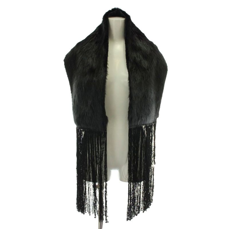 Gucci Tippet Scarf Shawl Fur Beaver Silk Fringe Black