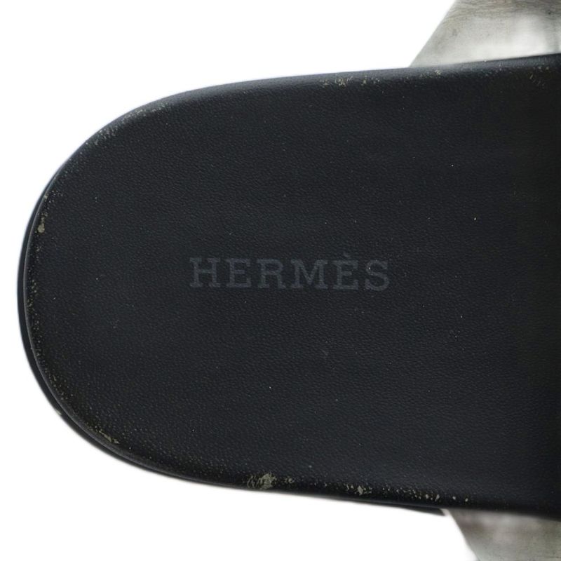 Hermes Edit Slide Sandals Flat Logo Leather 36 White Black