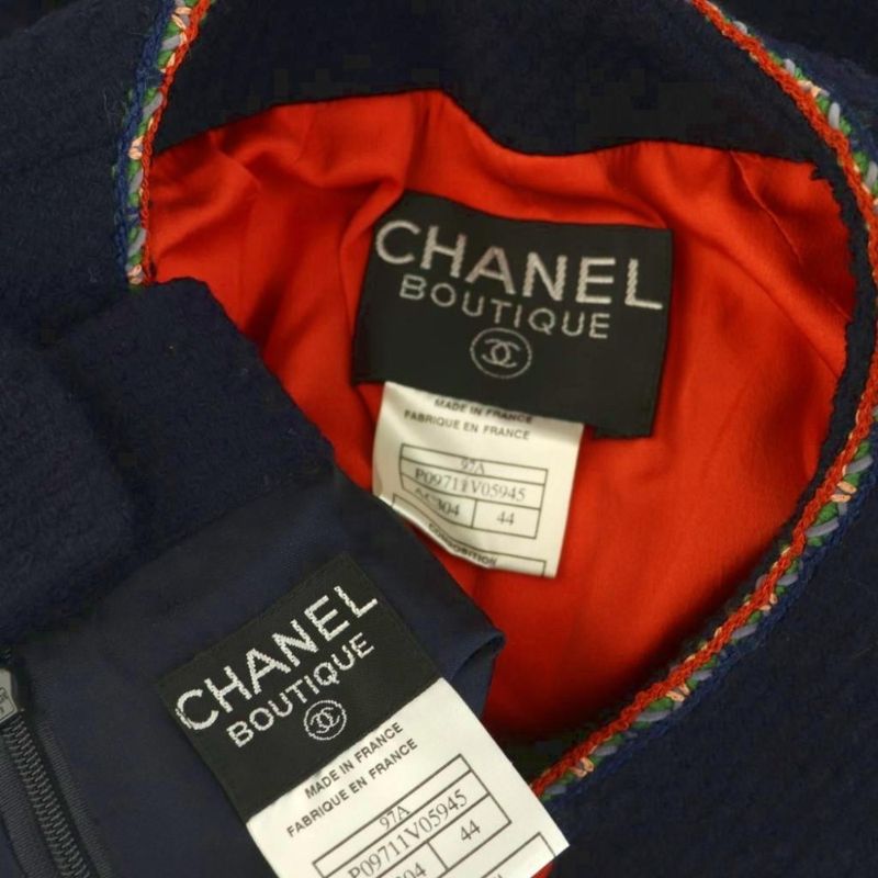Chanel Set Top and Bottom CC Logo Coco Button Tweed Jacket Navy Blue