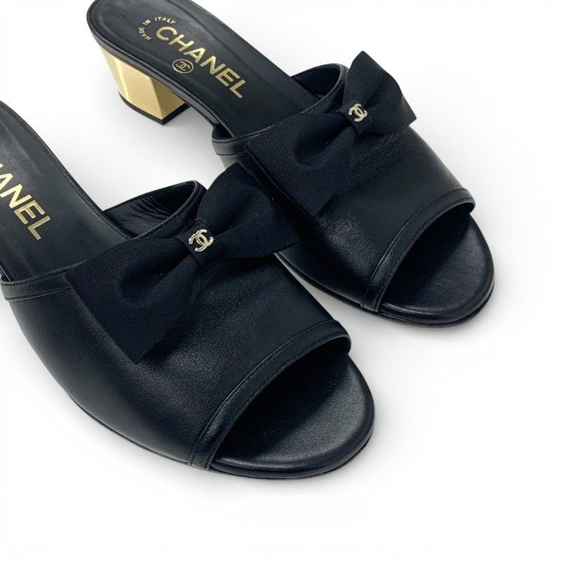 Chanel Sandals Shoes Leather Black Gold CC Logo Ribbon Mule