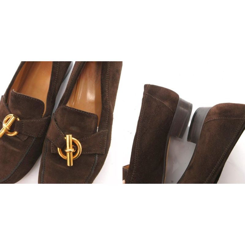 Hermes Chaine D'ancre Loafer Moccasin Shoes Suede 38.5 Brown