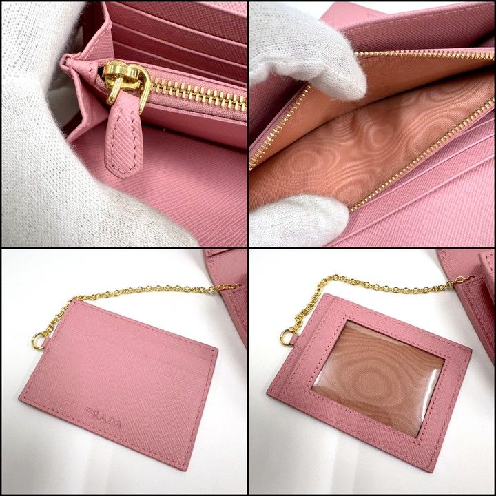 Prada Wallet with Pass Case Saffiano Leather Pink Gold