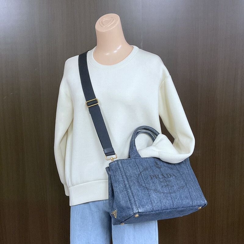 Prada Mini Canapa Tote 2-Way Shoulder Bag Denim Navy Gold