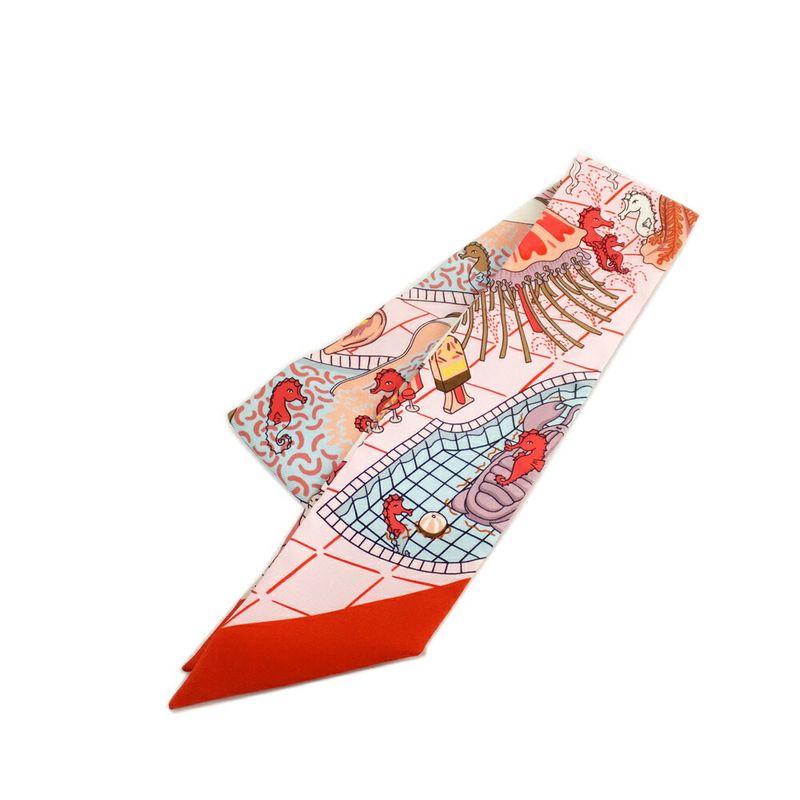 Hermes Twilly Splash Park Seahorse Red Multicolor Silk Scarf