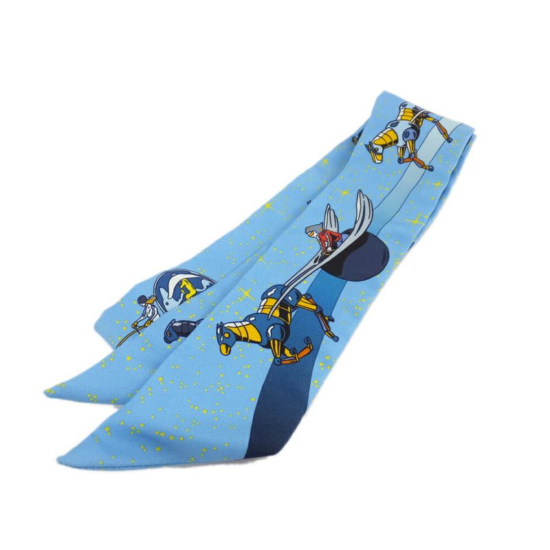 Hermes Twilly Space Darby Light Blue Silk All Over Pattern Scarf