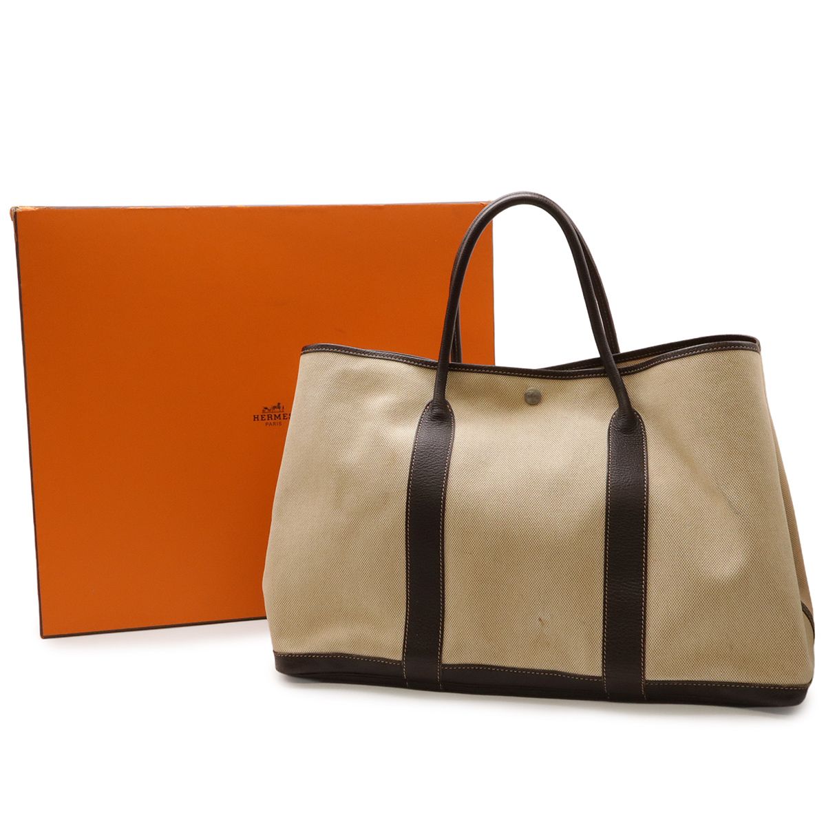 Hermes Garden Party MM Tote Bag Shoulder Toile H Leather Beige Dark Brown — view 8
