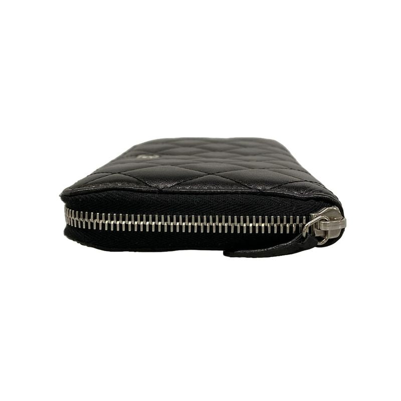 Chanel Wallet Quilted Black Silver Zip Around Lambskin